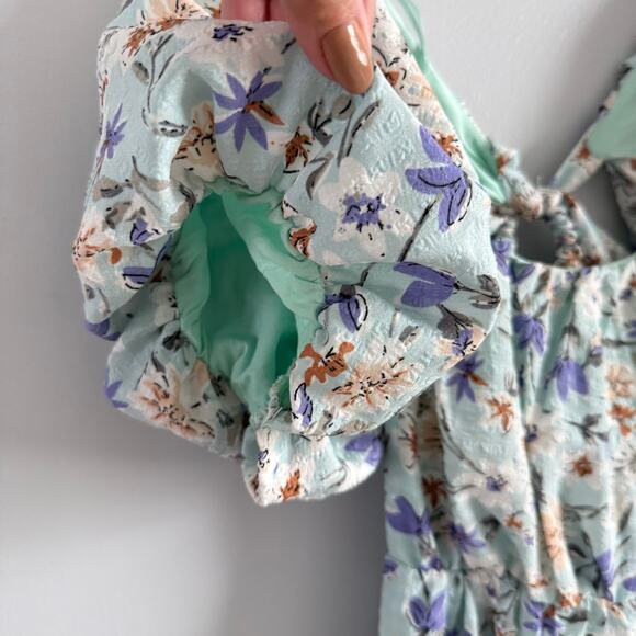 ASTR THE LABEL | Women’s Puff Sleeve Floral Cotton Midi Dress Bubble Blue Spring - Picture 3 of 12